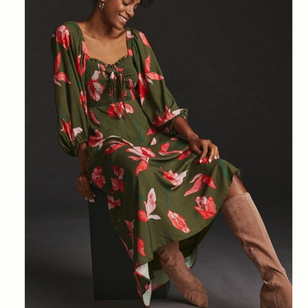 Anthropologie Olive Green Floral Midi Dress with Pink-Red Blooms